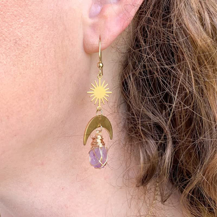 Collar con pendientes de bruja y amatista con luna y sol naciente