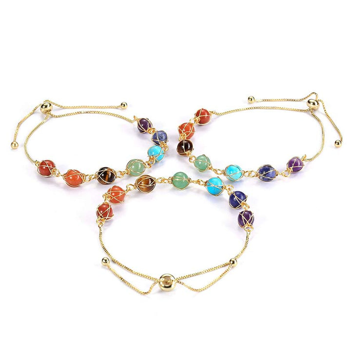 Pulsera de yoga ajustable de color dorado natural con chakras 