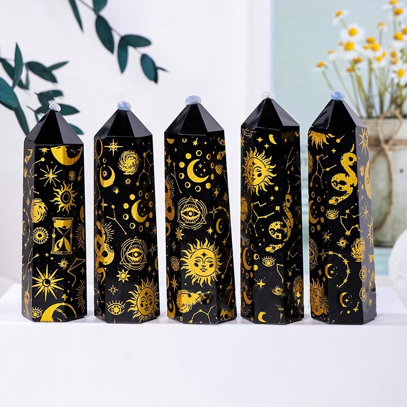 Varitas de cristal hexagonales de torre de cristal de obsidiana de Olivenorma 