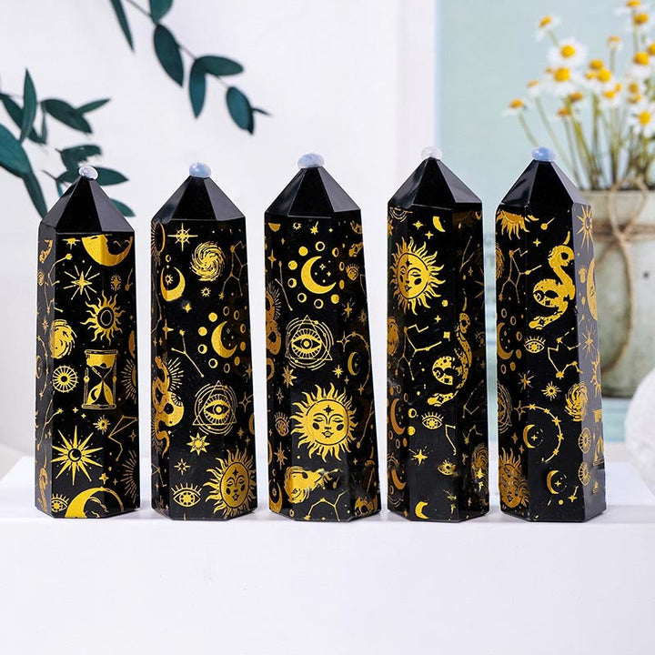 Varitas de cristal hexagonales de torre de cristal de obsidiana de Olivenorma 