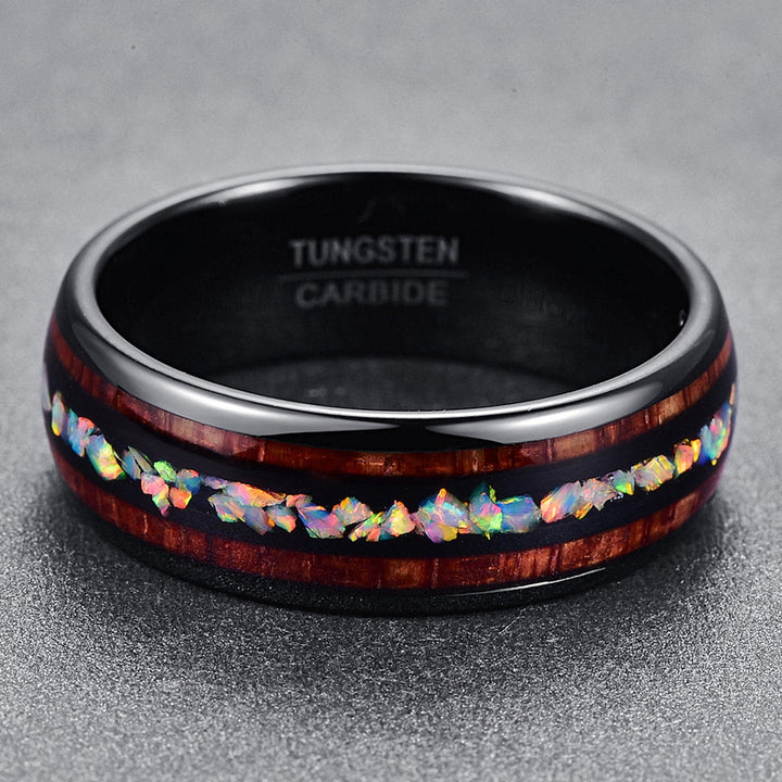 Anillo de carburo de tungsteno negro de 8 mm con labradorita y madera de koa de Olivenorma