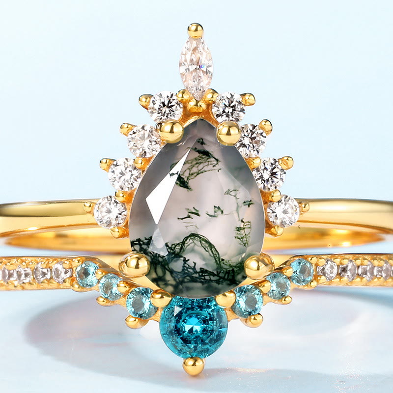 Anillo de plata 925 con ágata musgosa de Olivenorma y turmalina de Paraíba, 2 piezas