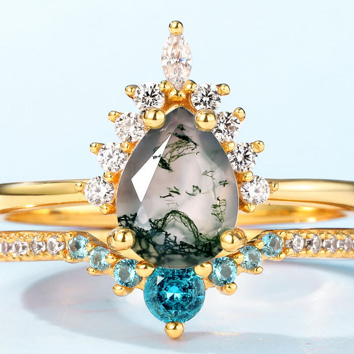 Anillo de plata 925 con ágata musgosa de Olivenorma y turmalina de Paraíba, 2 piezas