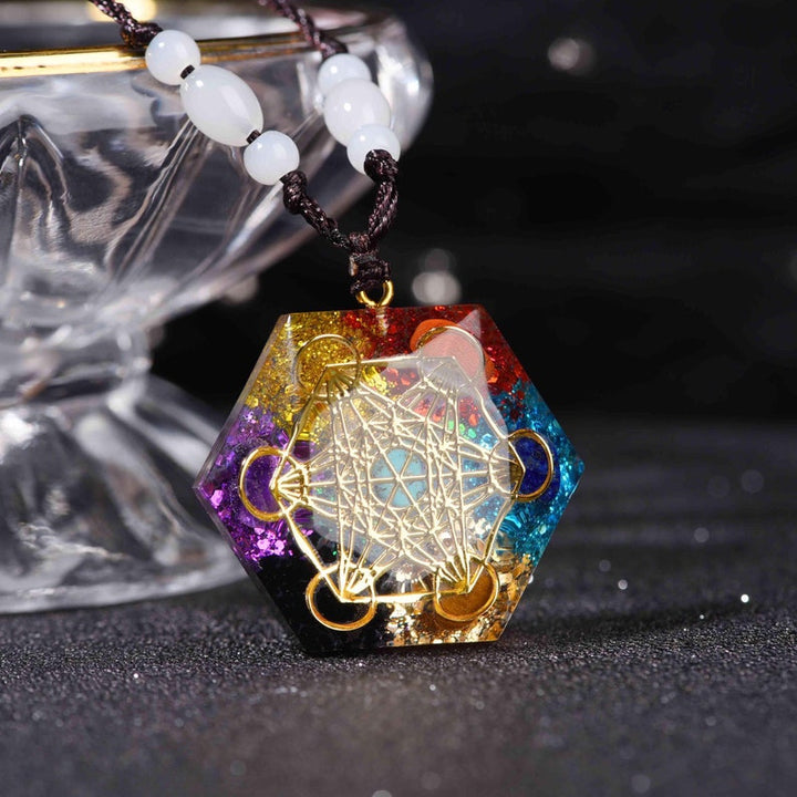 Collar de meditación con el símbolo del cubo de Metatrón del chakra Olivenorma