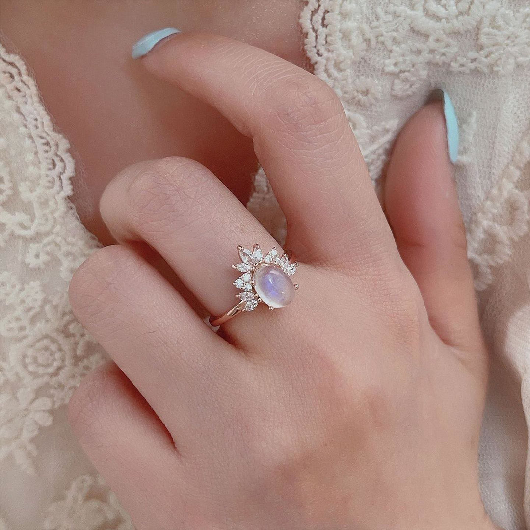 Anillo de plata de ley S925 con ópalo y piedra lunar ovalada de Olivenorma