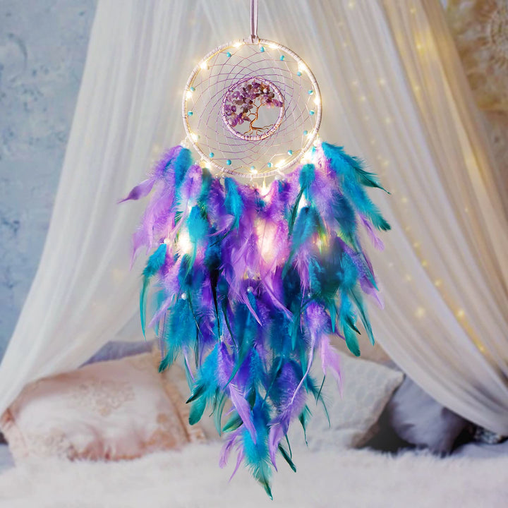 Atrapasueños con plumas de árbol de la vida de cristal de Olivenorma