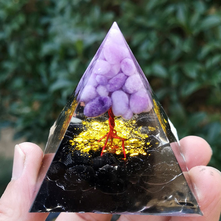 Pirámide de orgón del árbol de la vida de obsidiana y jade morado de Olivenorma 