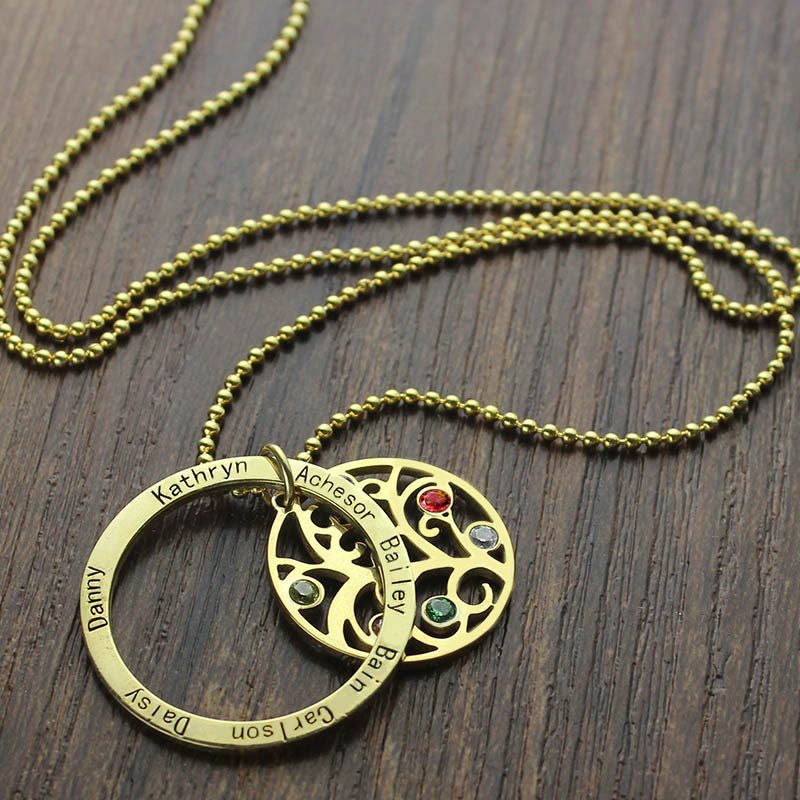 Collar con grabado de nombre y piedra natal del árbol de la vida de Olivenorma