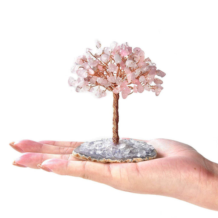 Árbol Feng Shui de piedra preciosa natural de cuarzo rosa Olivenorma con base de ágata 