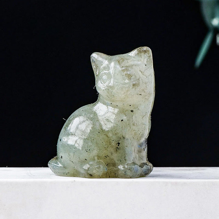 Adorno con piedra preciosa tallada en forma de gato de la suerte de cristal natural de Olivenorma