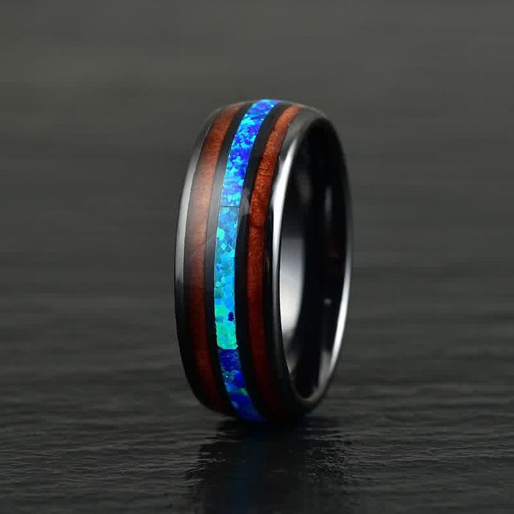 Anillo de carburo de tungsteno con concha de abulón y madera de koa de Olivenorma 