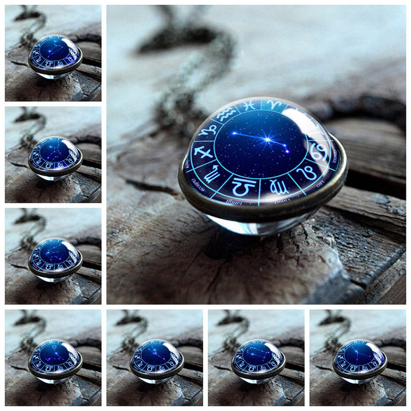 Collar con colgante de globo de cristal de doble cara con doce estrellas del zodiaco de Olivenorma