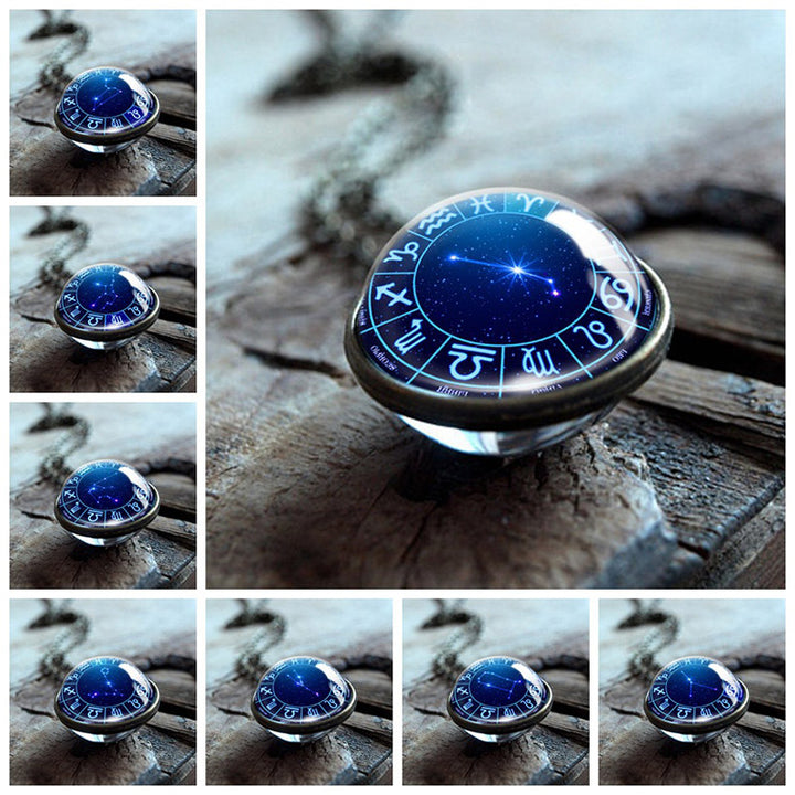 Collar con colgante de globo de cristal de doble cara con doce estrellas del zodiaco de Olivenorma