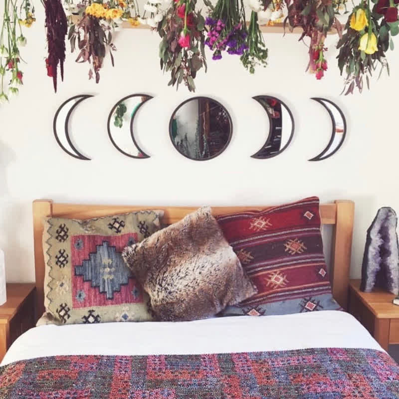 Espejos de madera originales con fases lunares para decoración de pared