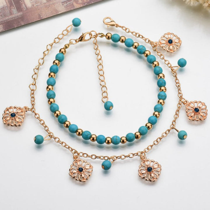 Juego de 2 tobilleras bohemias con colgante de flor de diamante turquesa de Olivenorma