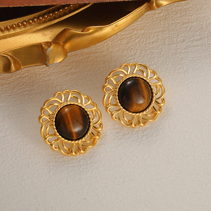 Pendientes de oro con girasol y ojo de tigre de Olivenorma