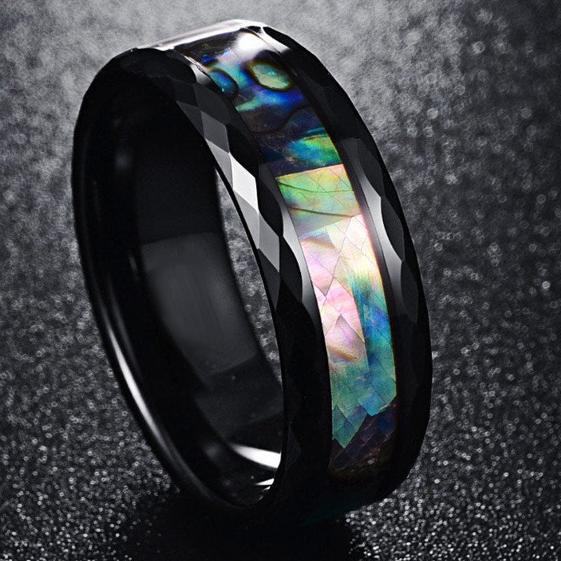 Anillo de carburo de tungsteno con concha de abulón y madera de koa de Olivenorma 