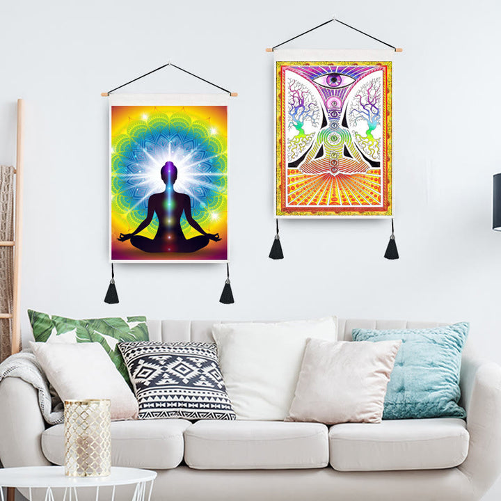 Tapiz decorativo con estampado de chakras y meditación zen de Olivenorma 