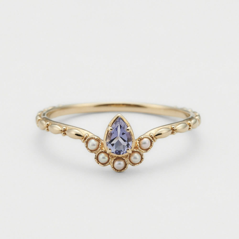 Anillo de doble capa con perla de zafiro y lágrima de Olivenorma S925