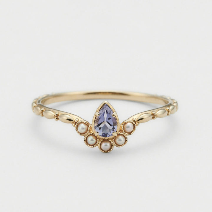 Anillo de doble capa con perla de zafiro y lágrima de Olivenorma S925