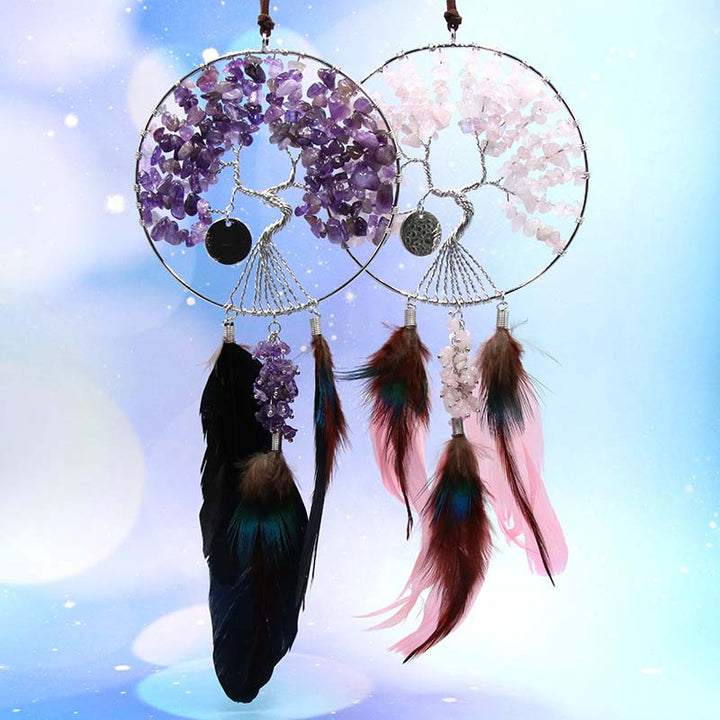 Atrapasueños con forma de árbol de la vida de cristal rosa amatista de Olivenorma 