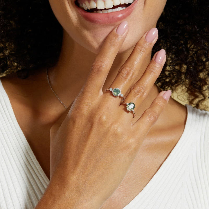 Anillo de lujo con ágata musgosa redonda y ópalo claro de Olivenorma 