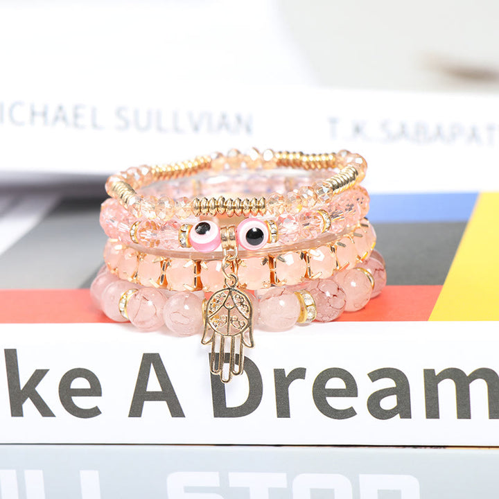 Juego de pulseras de cuentas de cuatro capas con ojo turco y hamsa de Olivenorma 