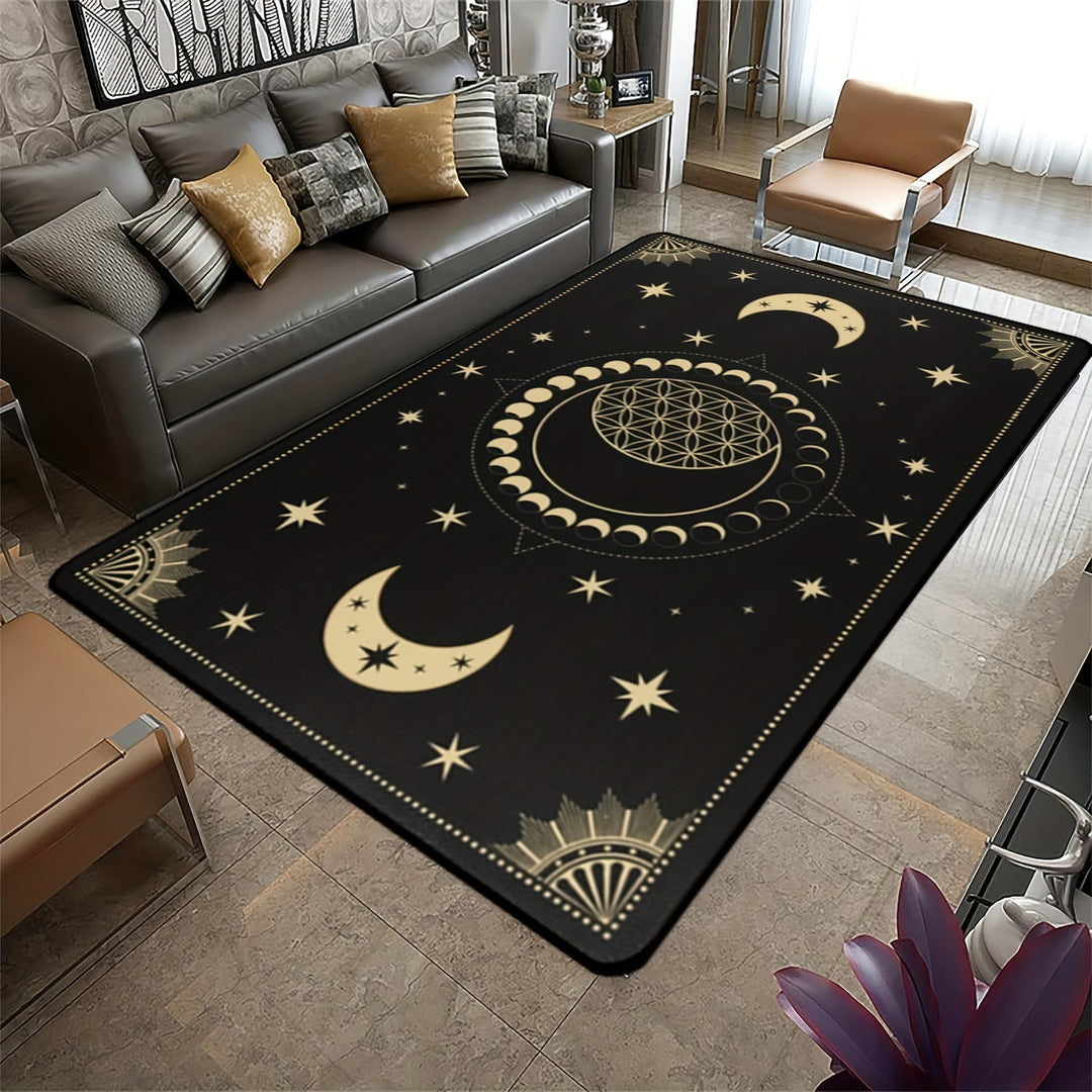 Alfombra Olivenorma de 1 pieza con diseño de luna, estrellas y sol en color negro