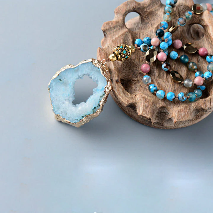 Collar de cuentas de mala de cristal de lepidolita y aguamarina natural de Olivenorma
