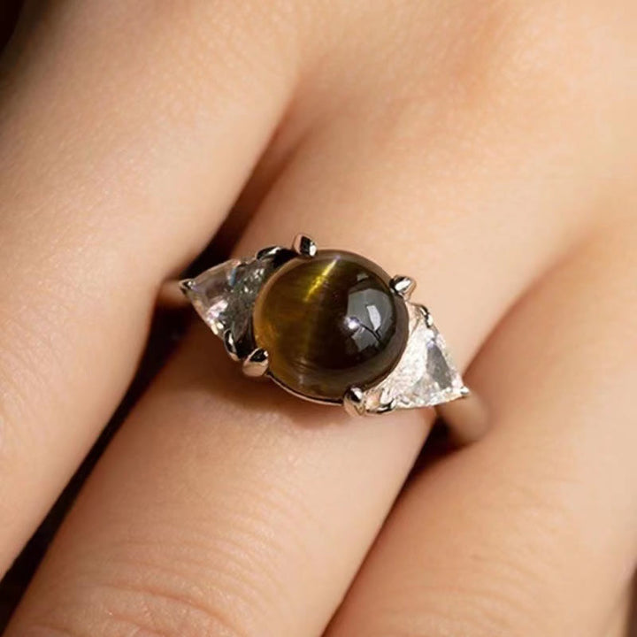 Anillo de piedra de ojo de gato verde dorado con cuatro garras de Olivenorma 