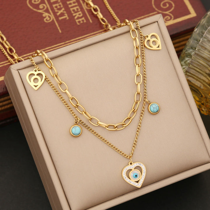 Pulsera, pendientes, collar y ojo malvado con circonitas y turquesa de Olivenorma 