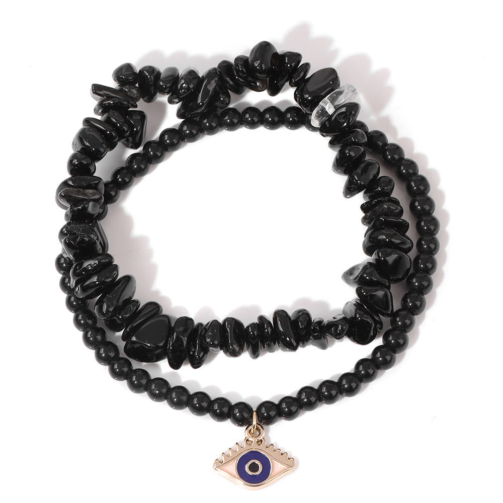 Juego de pulseras de cristal de doble capa con colgante de ojo malvado de Olivenorma