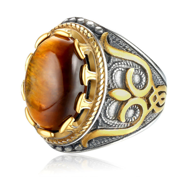 Anillo retro de piedra de ojo de tigre grande para hombre de Olivenorma
