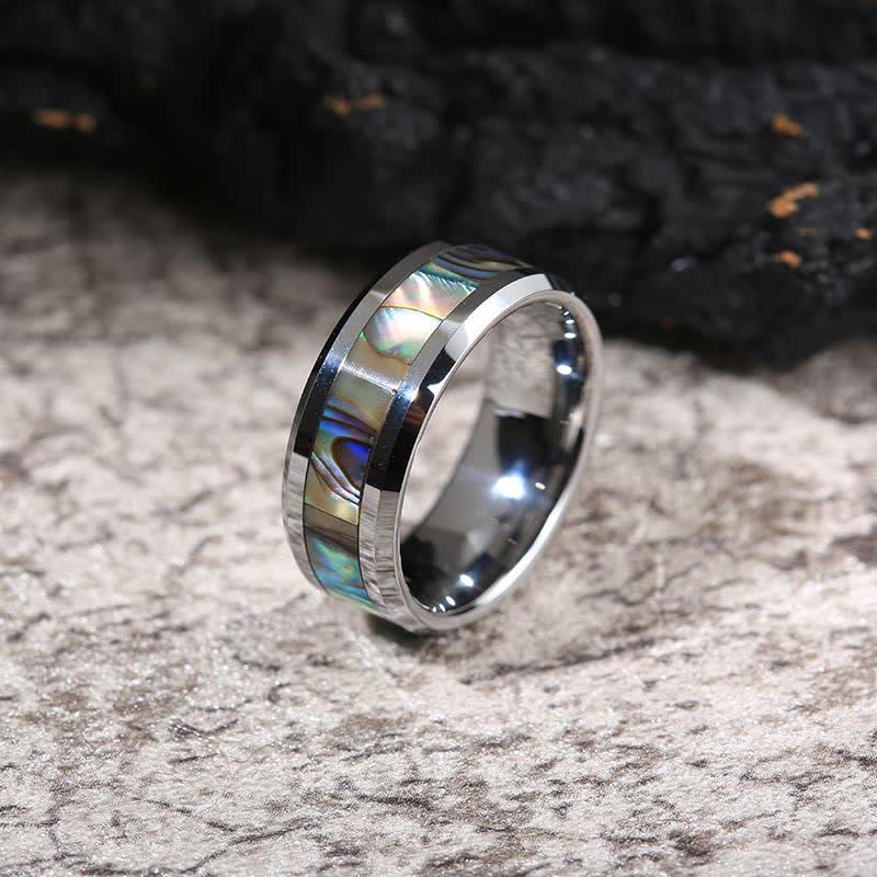 Anillo de carburo de tungsteno con concha de abulón y madera de koa de Olivenorma 