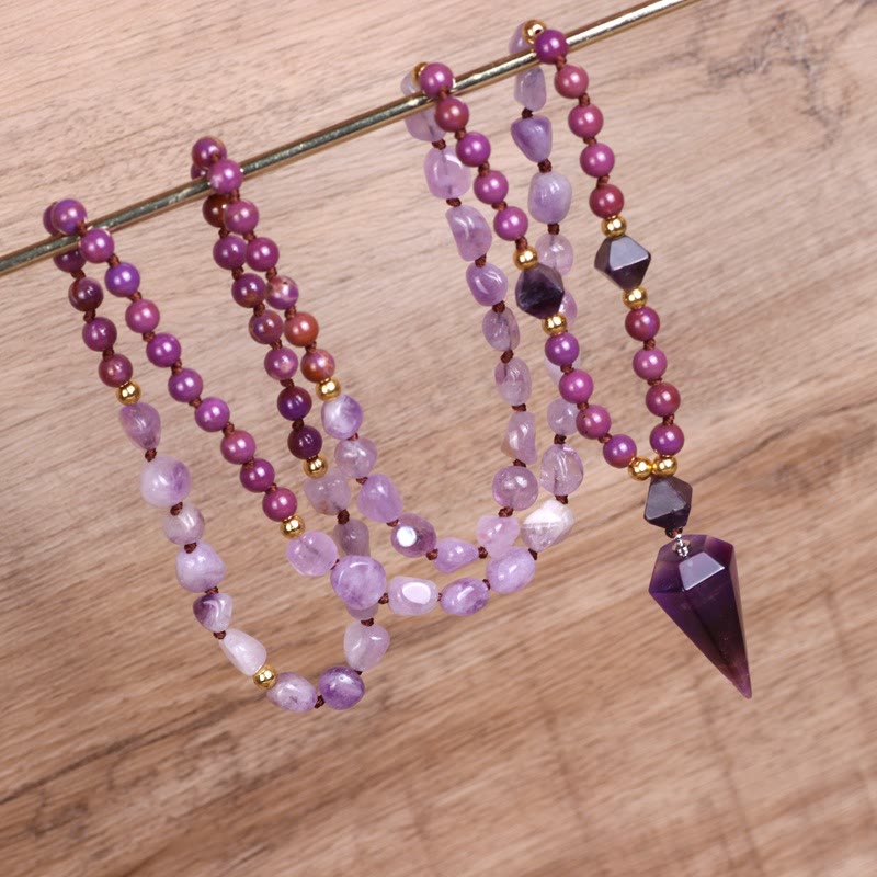 Collar de mala con cuentas de jade morado y amatista natural de Olivenorma