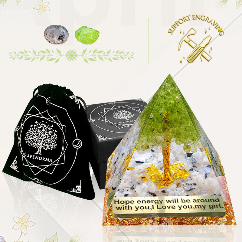 Pirámide de orgón del árbol de la vida con piedra lunar de Olivenorma y peridoto 