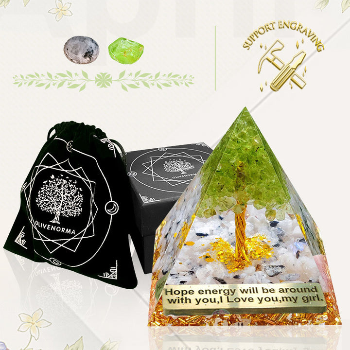Pirámide de orgón del árbol de la vida con piedra lunar de Olivenorma y peridoto 