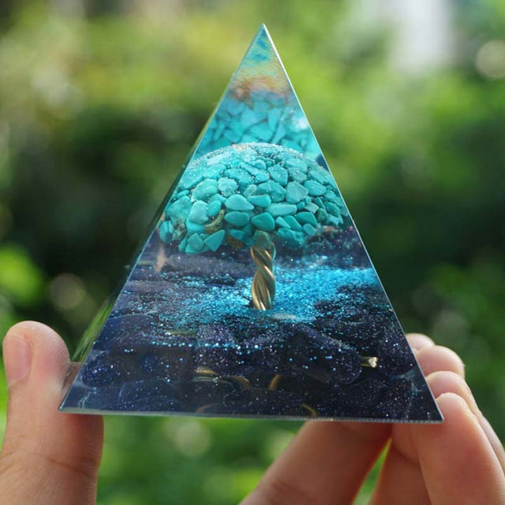 Pirámide de orgón curativo de piedra arenisca azul Olivenorma con turquesa