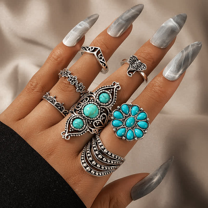 Juego de 7 anillos retro turquesa