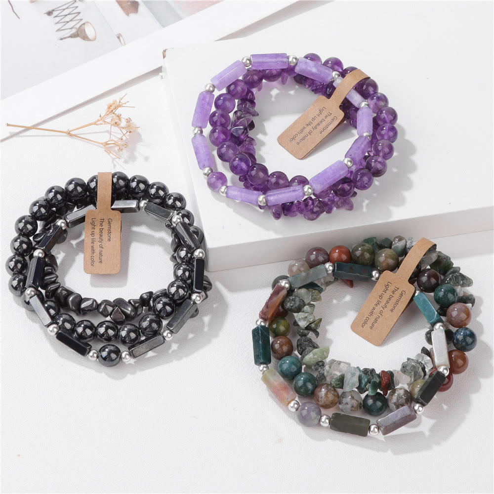 Juego de pulseras irregulares de tres capas con piedra natural Olivenorma