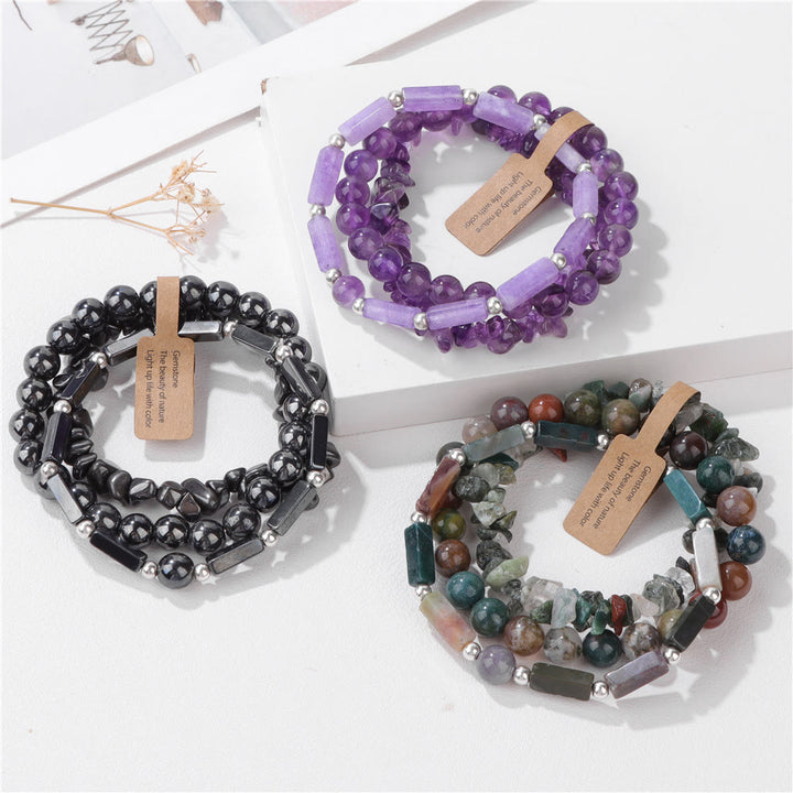 Juego de pulseras irregulares de tres capas con piedra natural Olivenorma