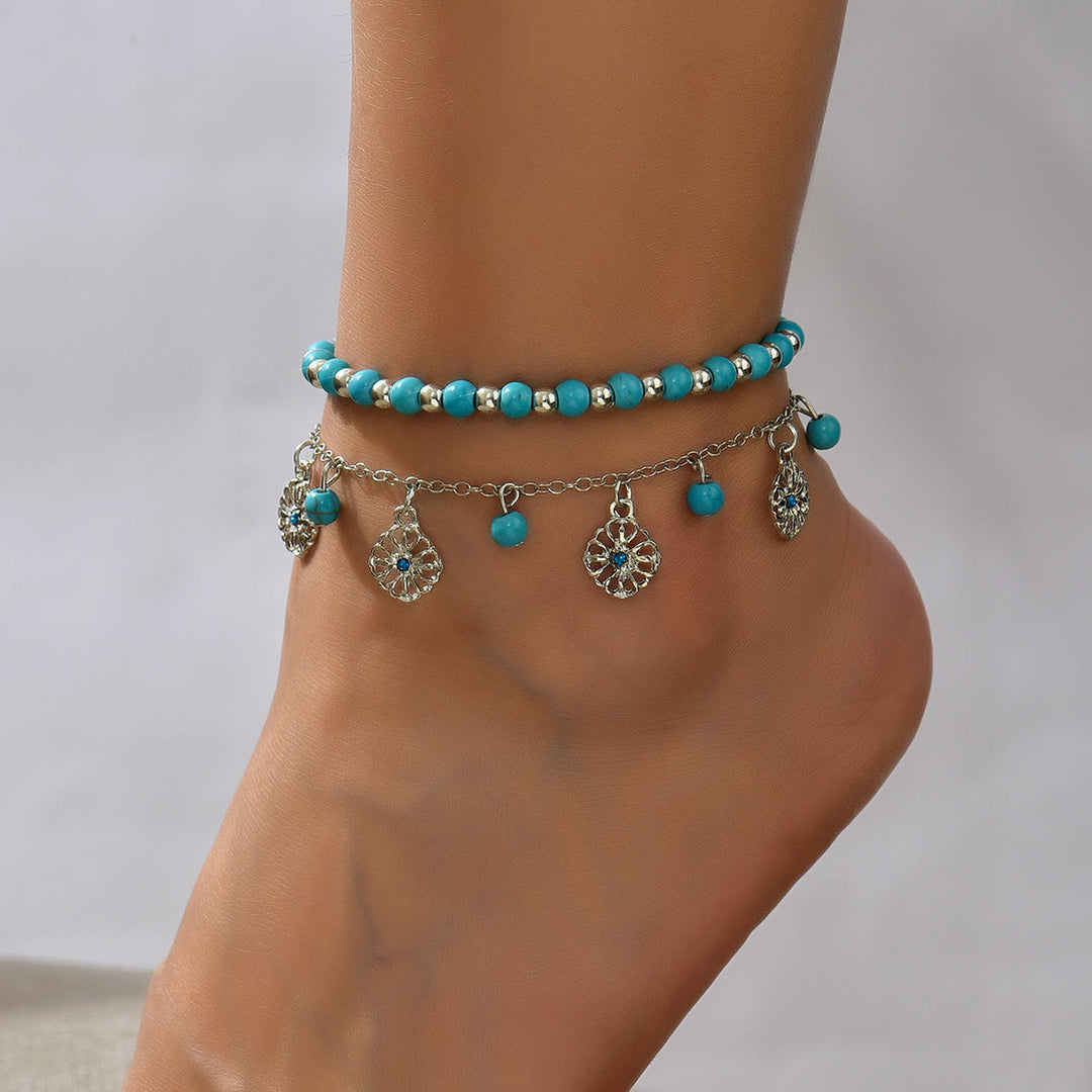 Juego de 2 tobilleras bohemias con colgante de flor de diamante turquesa de Olivenorma