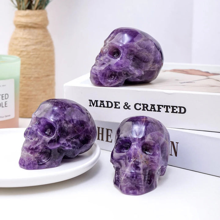 Estatua de calavera de amatista de 3 pulgadas de Olivenorma, piedra preciosa curativa decorativa 