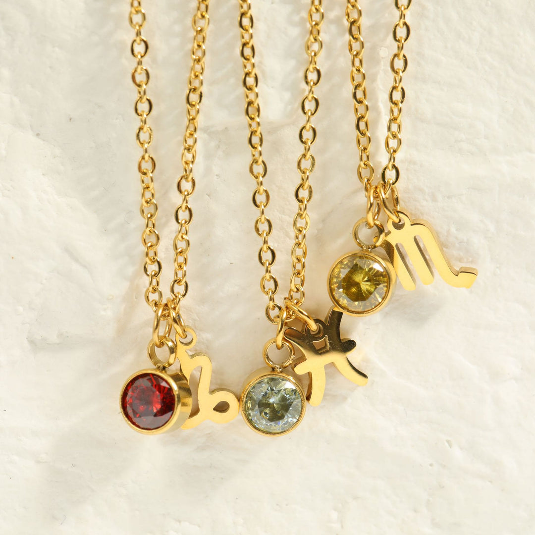 Collar de acero inoxidable con piedra natal y runa del zodíaco de Olivenorma