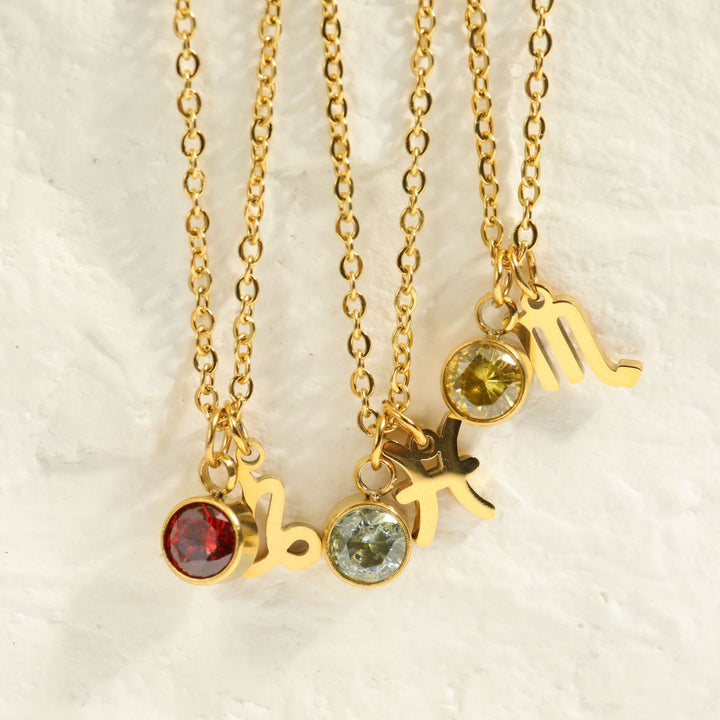 Collar de acero inoxidable con piedra natal y runa del zodíaco de Olivenorma