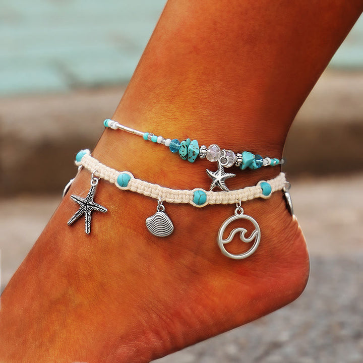 Pulsera tobillera con dije de estrella de mar turquesa y olas de Olivenorma