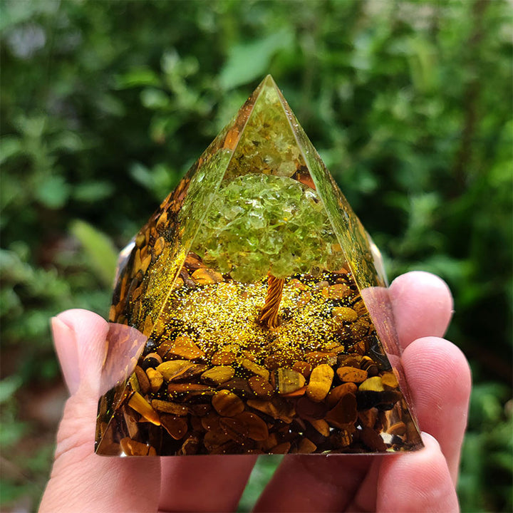 Pirámide de orgón del árbol de la vida de peridoto y ojo de tigre de Olivenorma
