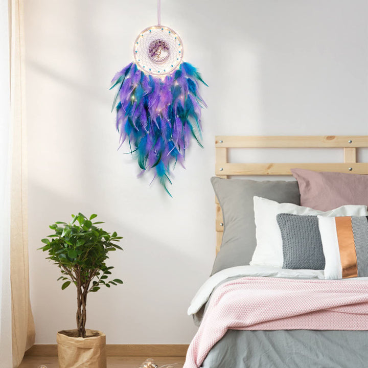 Atrapasueños con plumas de árbol de la vida de cristal de Olivenorma