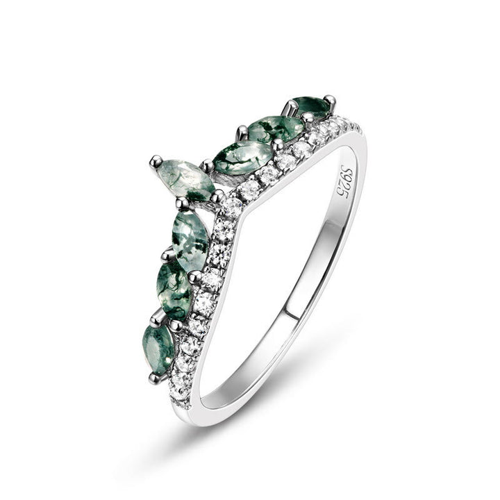 Anillo de plata de ley 925 con corona de circonita blanca y ágata musgosa de Olivenorma