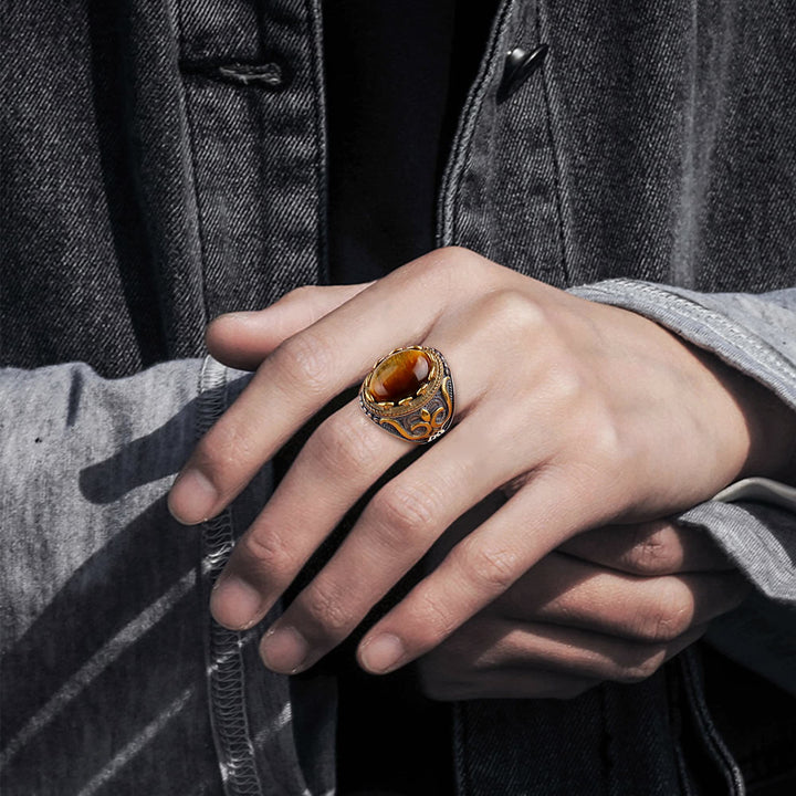 Anillo retro de piedra de ojo de tigre grande para hombre de Olivenorma